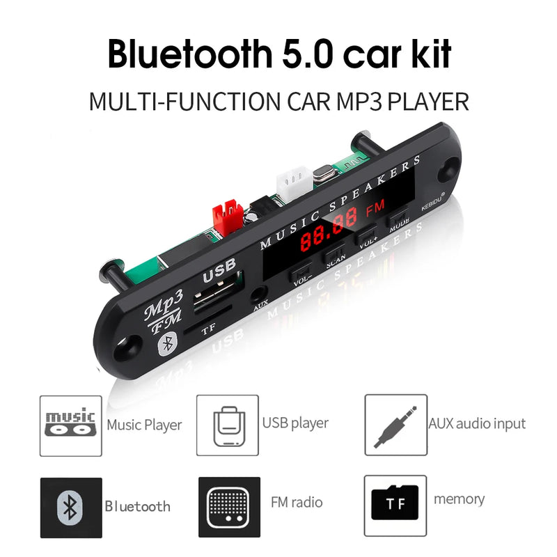 Kebidu carro USB sem fio bluetooth 5.0 5V 12V MP3 player de áudio decodificador placa amplificador para carro áudio TF MP3 rádio DIY alto-falante