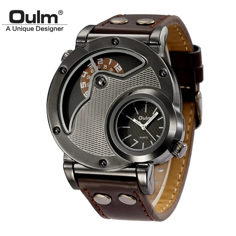 Oulm Designer Marca Relógios De Luxo Para Homens Dual Time Quartzo Relógio Casual Homem Relógio De Couro Esporte Masculino Relógio relogio masculino