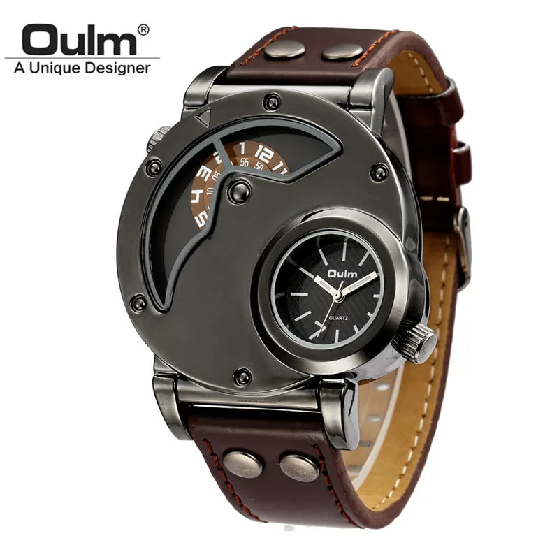 Oulm Designer Marca Relógios De Luxo Para Homens Dual Time Quartzo Relógio Casual Homem Relógio De Couro Esporte Masculino Relógio relogio masculino