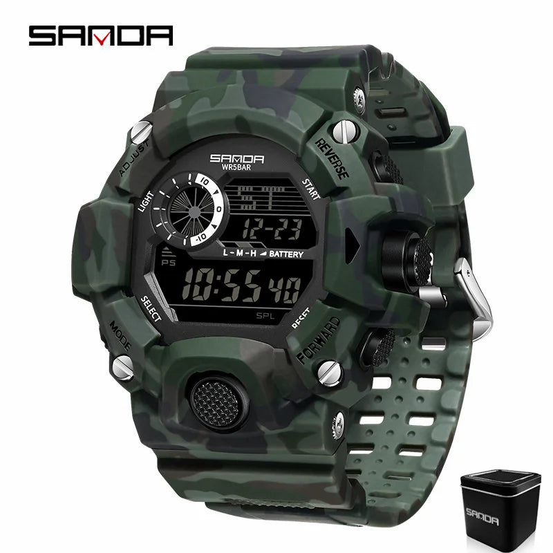 SANDA 2183 Electronic Watch Fashion Military Camo Waterproof Outdoors Sports Digital Display Silicone Strap Wristwatchs for Men