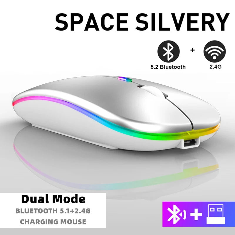 Rechargeable Bluetooth Wireless Mouse with 2.4GHz USB RGB 1600DPI Mouse for Computer Laptop Tablet PC Macbook Gaming Mouse Gamer