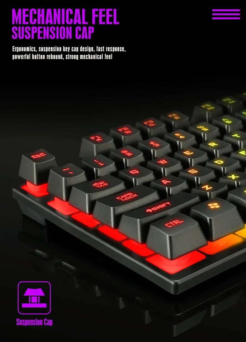 Teclado para jogos Teclado para jogadores com retroiluminação USB RGB 104 Teclas de borracha com fio Teclado russo ergonômico para PC Laptop