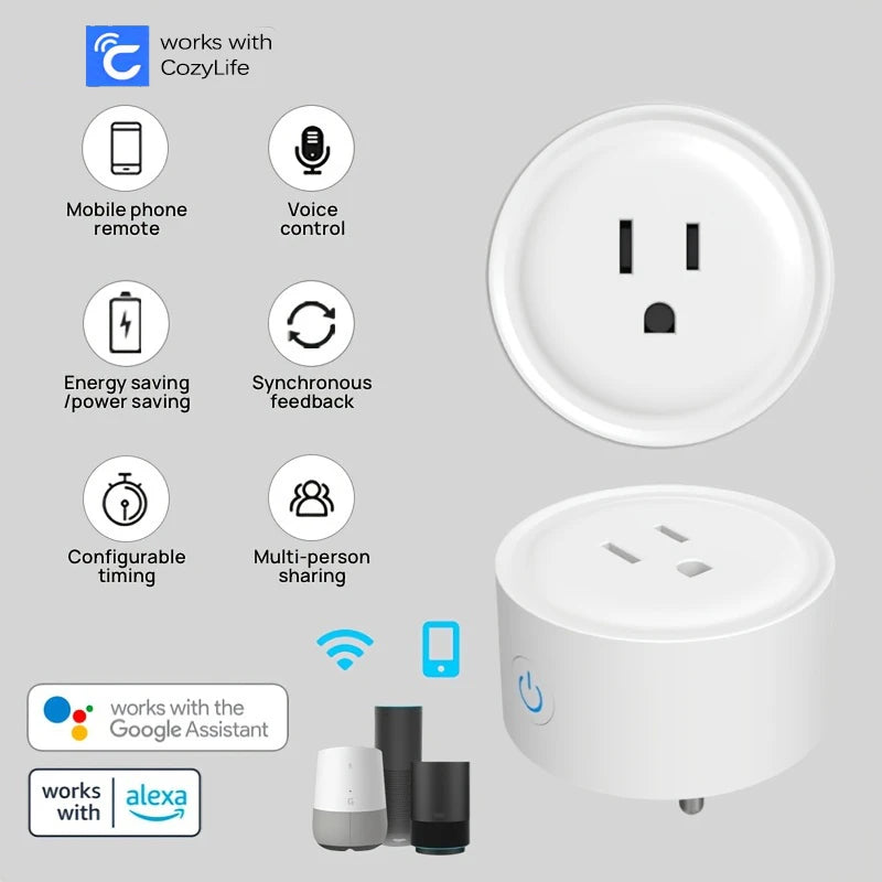 Tomada inteligente wi-fi 10a, plugue americano, aplicativo de telefone, controle remoto de voz, 100-240v, temporizador sem fio, tomada para alexa, google home auto