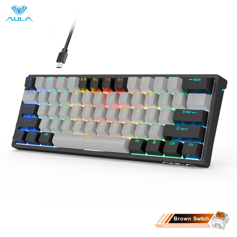 AULA F3261 RGB efeito USB Mini teclado mecânico para jogos Interruptor vermelho 61 teclas com fio Cabo destacável separado para Mac Windows