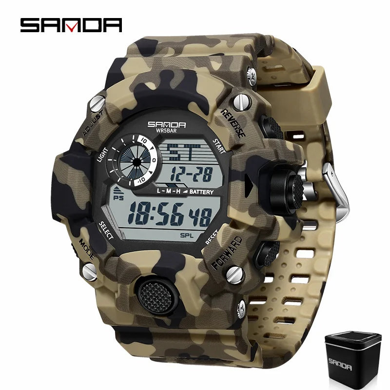 SANDA 2183 Electronic Watch Fashion Military Camo Waterproof Outdoors Sports Digital Display Silicone Strap Wristwatchs for Men