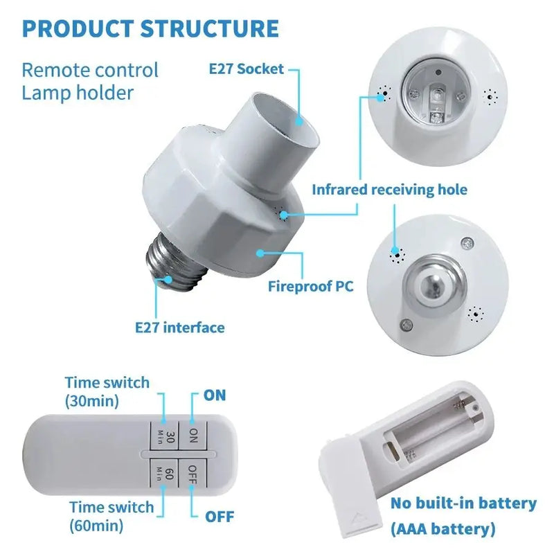 E27 Interruptor de Temporizador Inteligente Controle Remoto Sem Fio AC85-265V 10m Alcance Suporte de Lâmpada ON Off Base de Lâmpada Soquete Inteligente