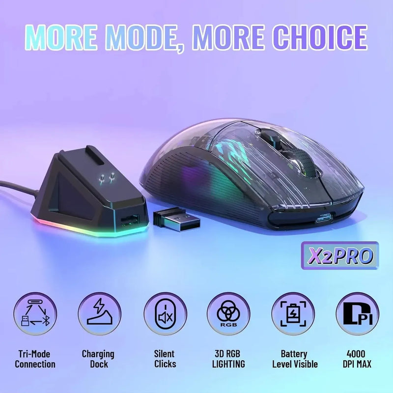 Mouse para jogos ATTACK SHARK X2 Pro Triple Mode Wireless Transparent Shell RGB recarregável 4000 DPI Dock Mouse recarregável