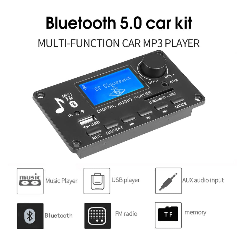 Handsfree Bluetooth 5.0 MP3 Decoder Board DC 12V DIY MP3 Player Audio USB TF FM AUX For Music Subwoofer Speakers Volume Control