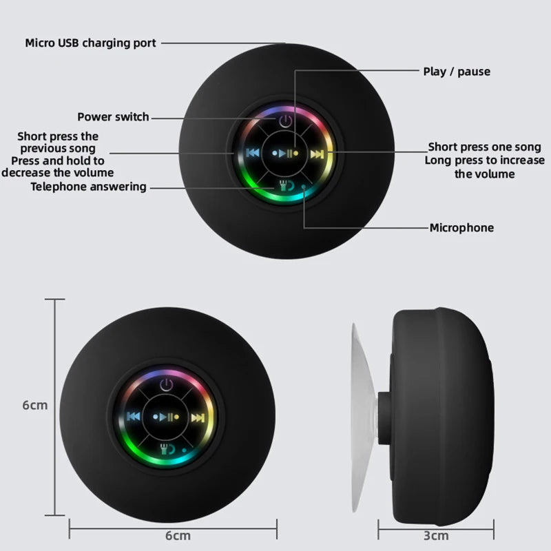 Mini alto-falante Bluetooth à prova d'água para banheiro, áudio sem fio, alto-falantes de chuveiro, luz RGB para telefone, barra de som, alto-falante de carro sem as mãos