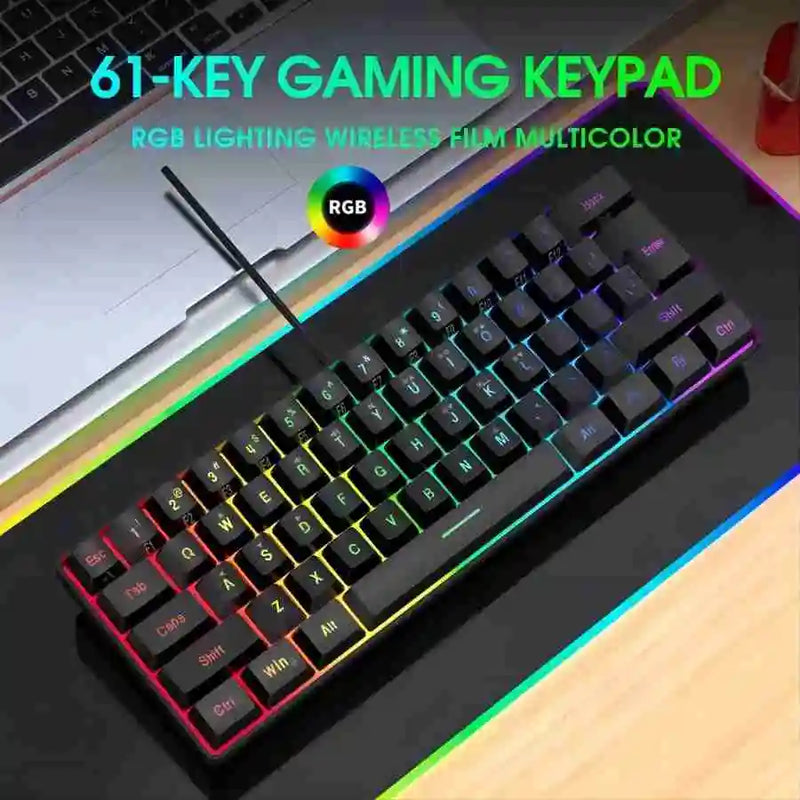 Teclado gamer com fio 60%, mini teclado ultracompacto com retroiluminação RGB, teclado compacto pequeno e à prova d'água de 61 teclas para jogadores de PC/Mac