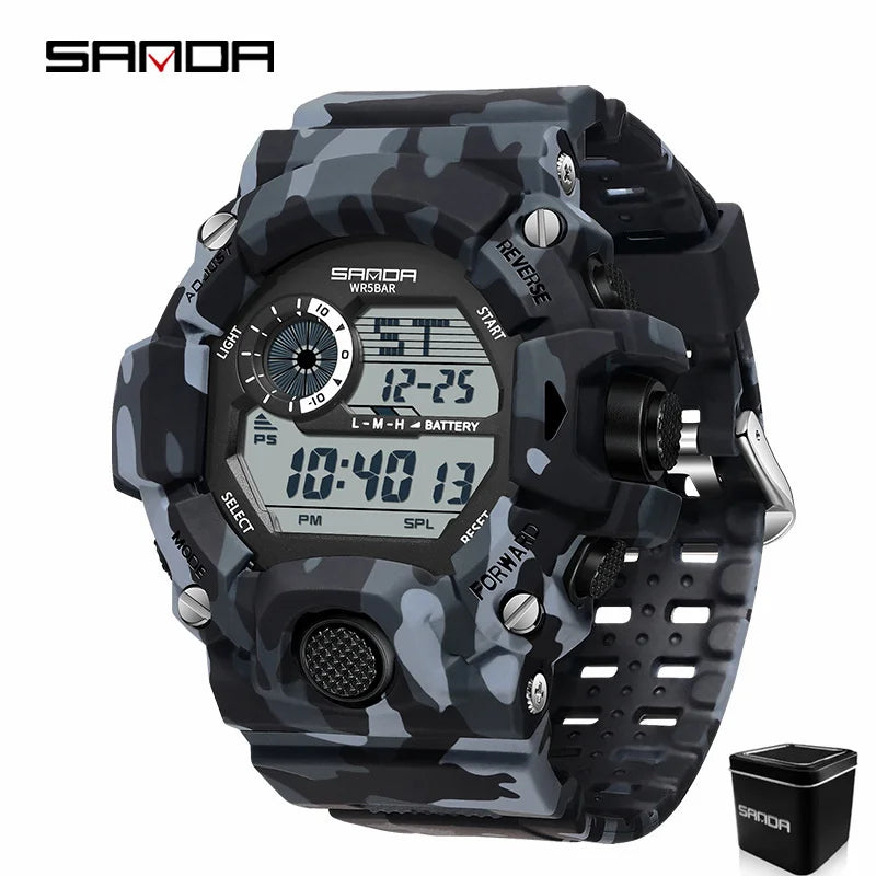 SANDA 2183 Electronic Watch Fashion Military Camo Waterproof Outdoors Sports Digital Display Silicone Strap Wristwatchs for Men