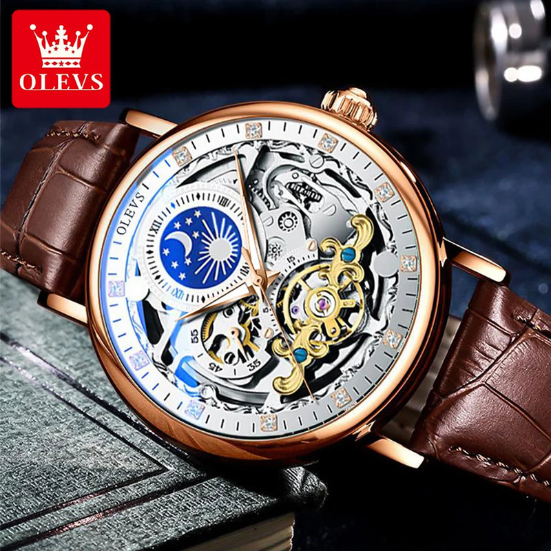 OLEVS Skeleton Watches Mechanical Automatic Watch Men Tourbillon Sport Clock Casual Business Moon Wrist Watch Relojes Hombre