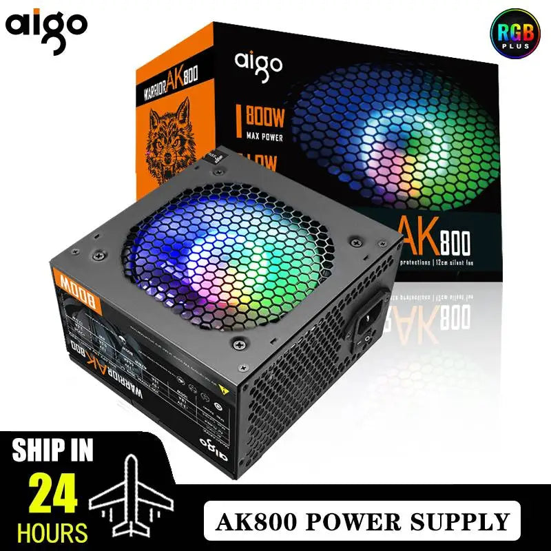 Fonte de alimentação Aigo AK PC PSU 500W 600W 700W 800W 1000W Gaming 120mm RGB Fan 220V ATX Desktop Computer Power Supply para BTC