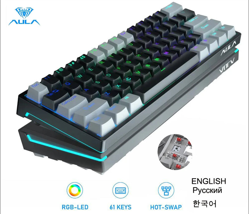 AULA F3261 RGB efeito USB Mini teclado mecânico para jogos Interruptor vermelho 61 teclas com fio Cabo destacável separado para Mac Windows