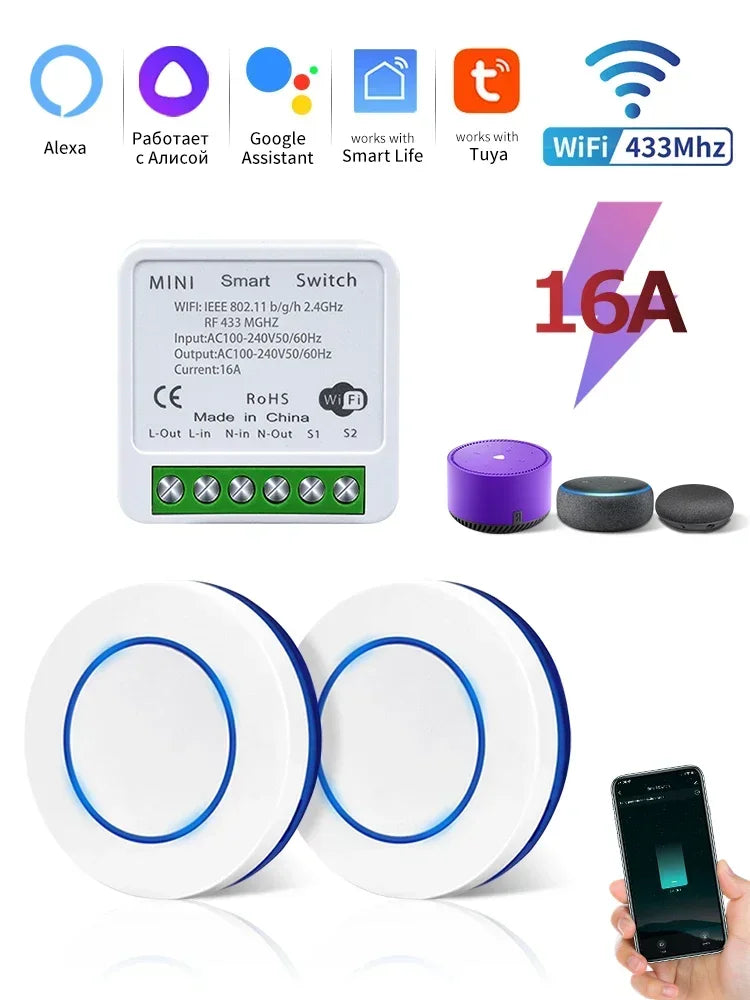 Tuya WiFi Smart Switch 16A RF433Mhz Wireless Mini Round Push Button Switch Alexa Google Assistant Voice Control Activation