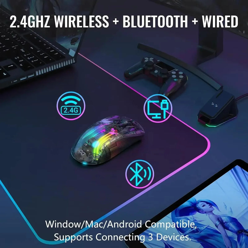 Mouse para jogos ATTACK SHARK X2 Pro Triple Mode Wireless Transparent Shell RGB recarregável 4000 DPI Dock Mouse recarregável