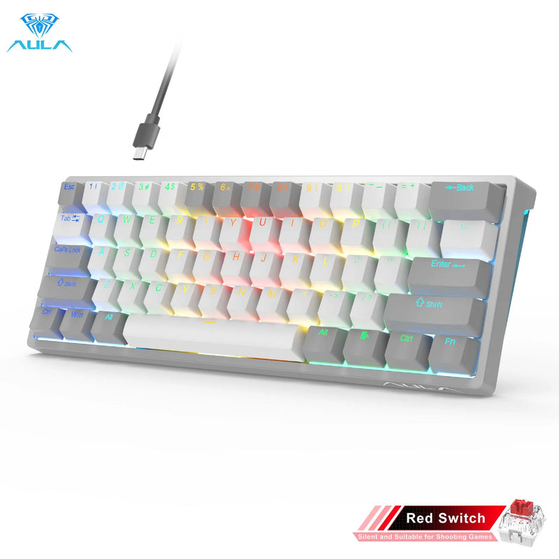 AULA F3261 RGB efeito USB Mini teclado mecânico para jogos Interruptor vermelho 61 teclas com fio Cabo destacável separado para Mac Windows