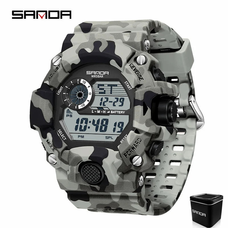 SANDA 2183 Electronic Watch Fashion Military Camo Waterproof Outdoors Sports Digital Display Silicone Strap Wristwatchs for Men