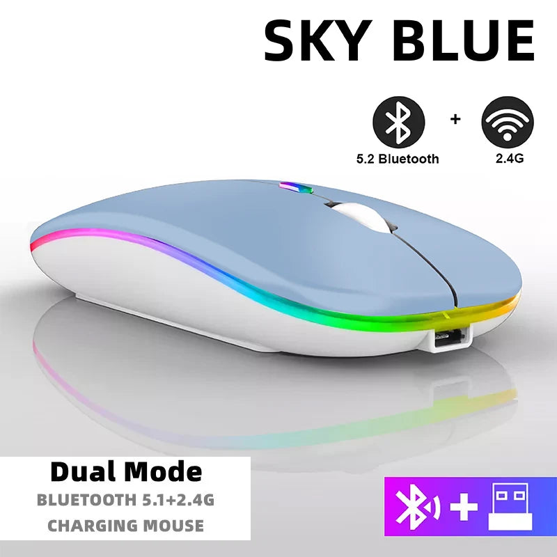 Rechargeable Bluetooth Wireless Mouse with 2.4GHz USB RGB 1600DPI Mouse for Computer Laptop Tablet PC Macbook Gaming Mouse Gamer