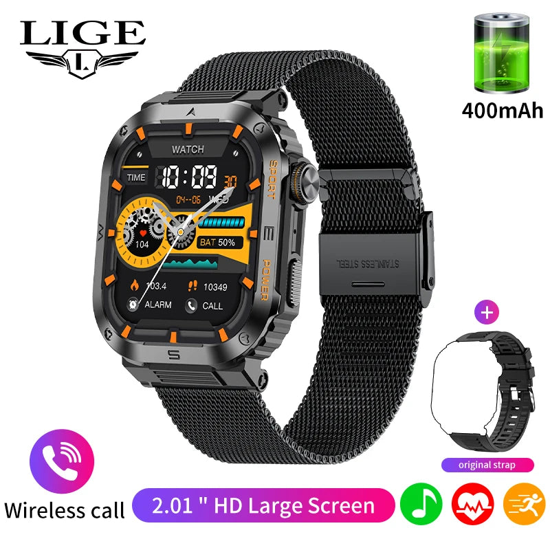 LIGE 2024 Relógio inteligente militar resistente e durável IP68 à prova d'água 2,01 '' HD Display Bluetooth Voice Smart Watch para Android IOS