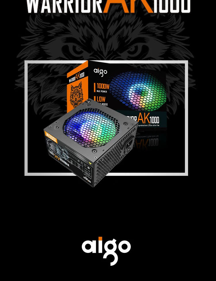 Fonte de alimentação Aigo AK PC PSU 500W 600W 700W 800W 1000W Gaming 120mm RGB Fan 220V ATX Desktop Computer Power Supply para BTC