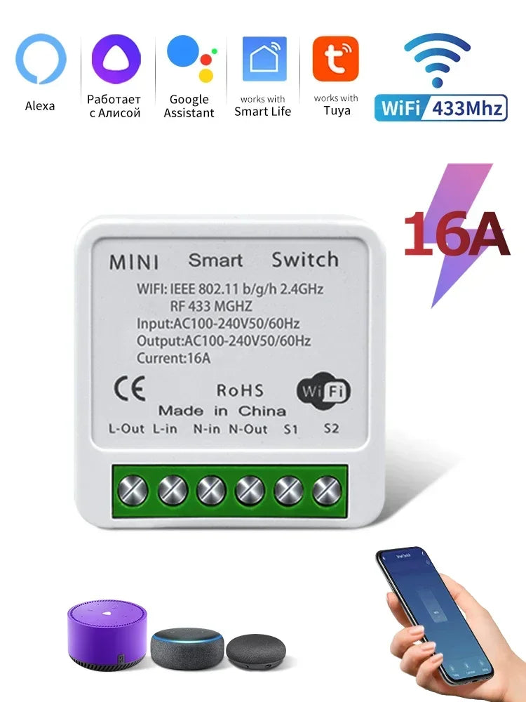 Tuya WiFi Smart Switch 16A RF433Mhz Wireless Mini Round Push Button Switch Alexa Google Assistant Voice Control Activation