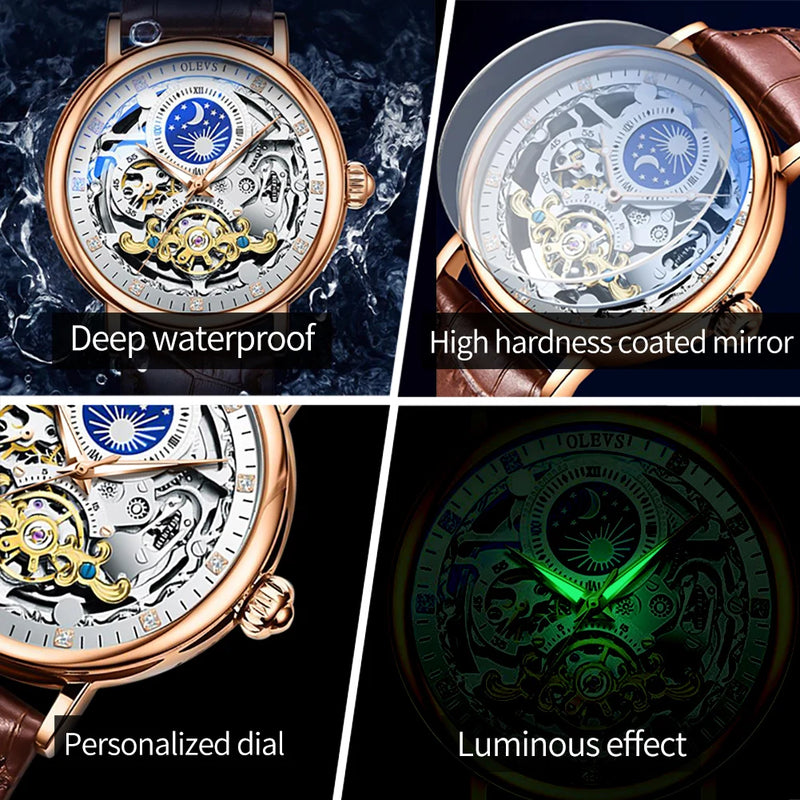 OLEVS Skeleton Watches Mechanical Automatic Watch Men Tourbillon Sport Clock Casual Business Moon Wrist Watch Relojes Hombre