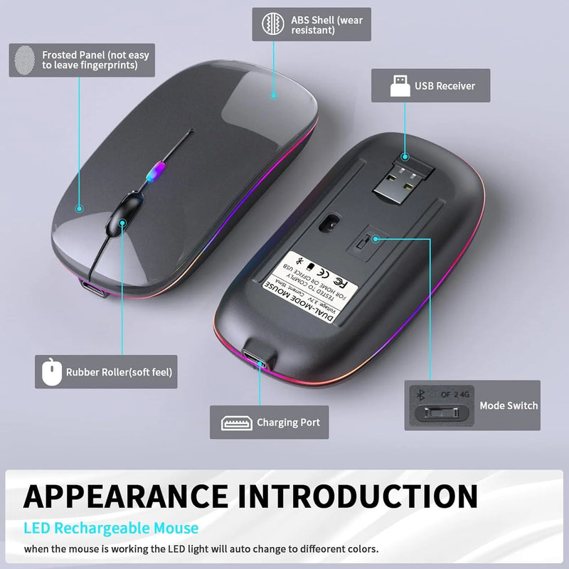 Wireless Bluetooth Mouse, Rechargeable LED Bluetooth 5.2 and USB Receiver Portable Silent Mouse,for Laptop/Desktop/Tablet