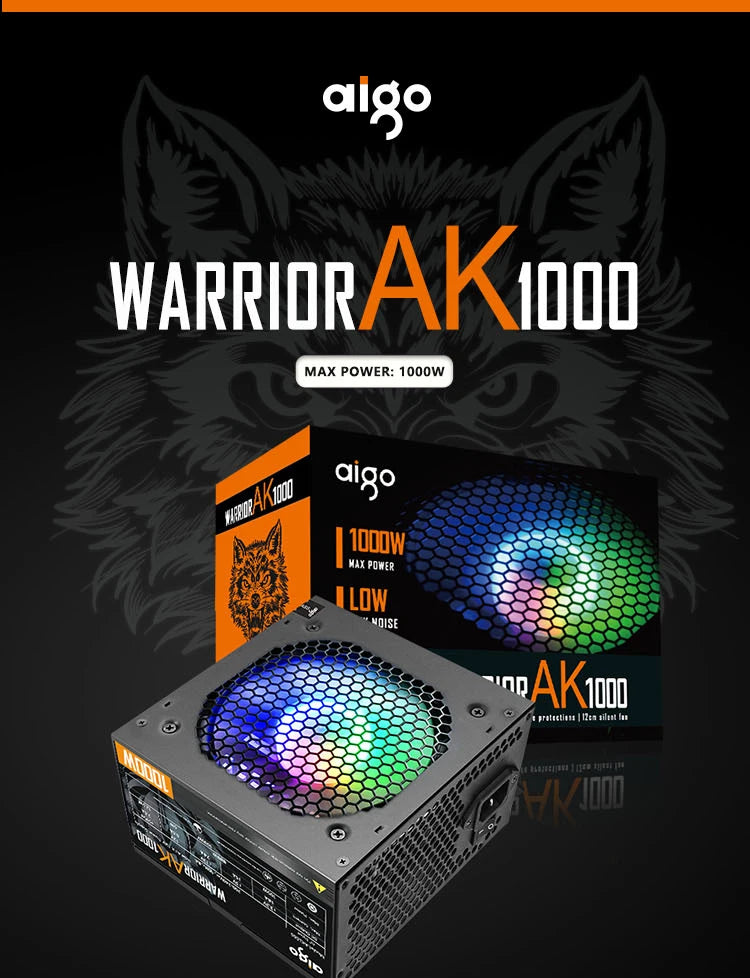 Fonte de alimentação Aigo AK PC PSU 500W 600W 700W 800W 1000W Gaming 120mm RGB Fan 220V ATX Desktop Computer Power Supply para BTC