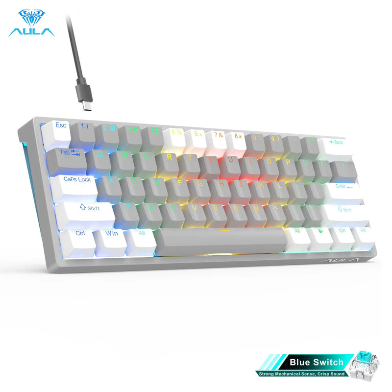 AULA F3261 RGB efeito USB Mini teclado mecânico para jogos Interruptor vermelho 61 teclas com fio Cabo destacável separado para Mac Windows