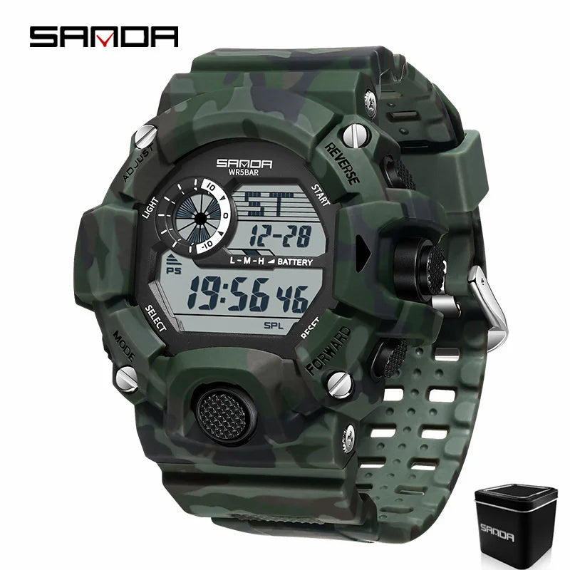 SANDA 2183 Electronic Watch Fashion Military Camo Waterproof Outdoors Sports Digital Display Silicone Strap Wristwatchs for Men