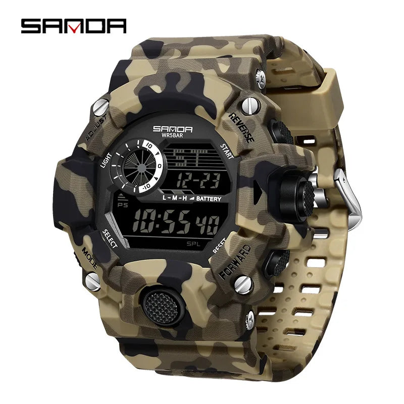 SANDA 2183 Electronic Watch Fashion Military Camo Waterproof Outdoors Sports Digital Display Silicone Strap Wristwatchs for Men