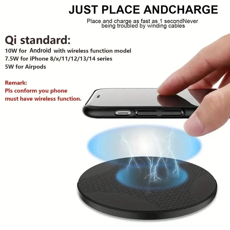 10W Wireless Charger Pad Stand Desktop Ultra-fino Celular Estação de Carregamento Rápido para iPhone 14 13 12 11 Samsung Xiaomi