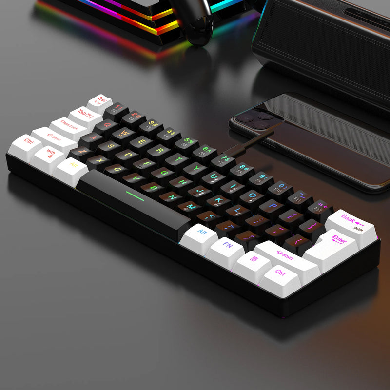 Teclado gamer com fio 60%, mini teclado ultracompacto com retroiluminação RGB, teclado compacto pequeno e à prova d'água de 61 teclas para jogadores de PC/Mac