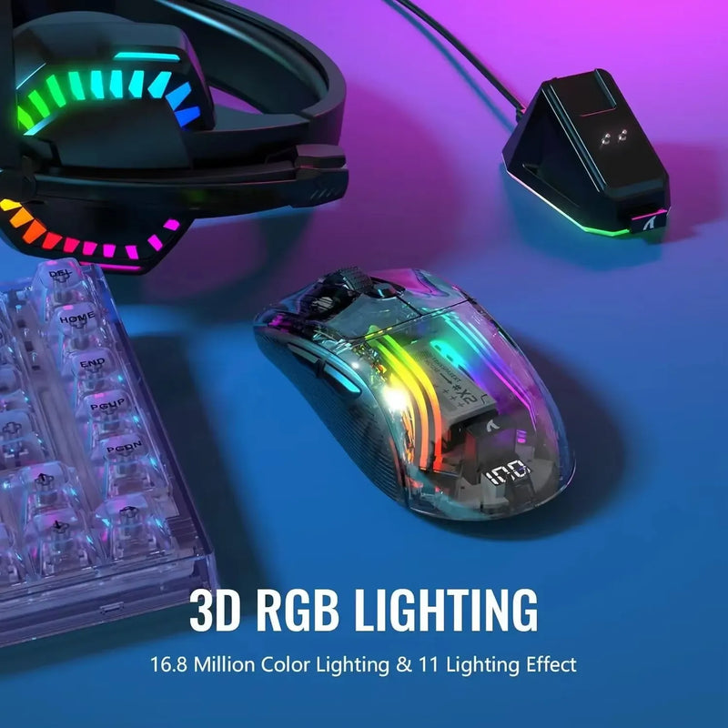 Mouse para jogos ATTACK SHARK X2 Pro Triple Mode Wireless Transparent Shell RGB recarregável 4000 DPI Dock Mouse recarregável