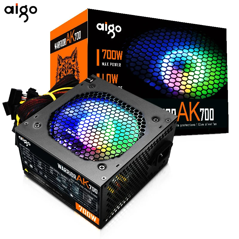 Fonte de alimentação Aigo AK PC PSU 500W 600W 700W 800W 1000W Gaming 120mm RGB Fan 220V ATX Desktop Computer Power Supply para BTC