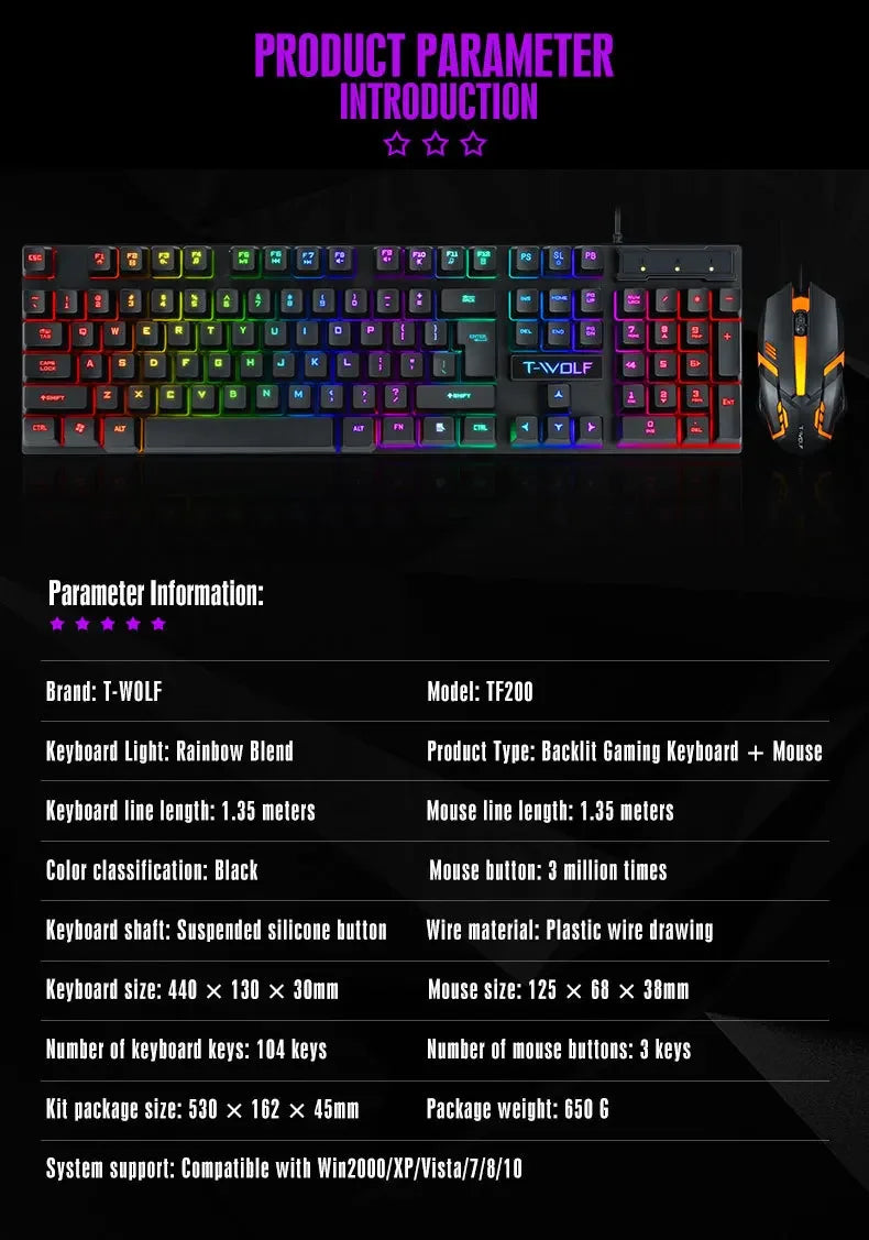 Teclado para jogos Teclado para jogadores com retroiluminação USB RGB 104 Teclas de borracha com fio Teclado russo ergonômico para PC Laptop