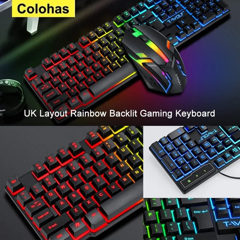 Teclado para jogos Teclado para jogadores com retroiluminação USB RGB 104 Teclas de borracha com fio Teclado russo ergonômico para PC Laptop