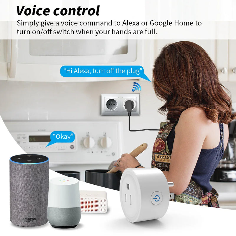 Tomada inteligente wi-fi 10a, plugue americano, aplicativo de telefone, controle remoto de voz, 100-240v, temporizador sem fio, tomada para alexa, google home auto