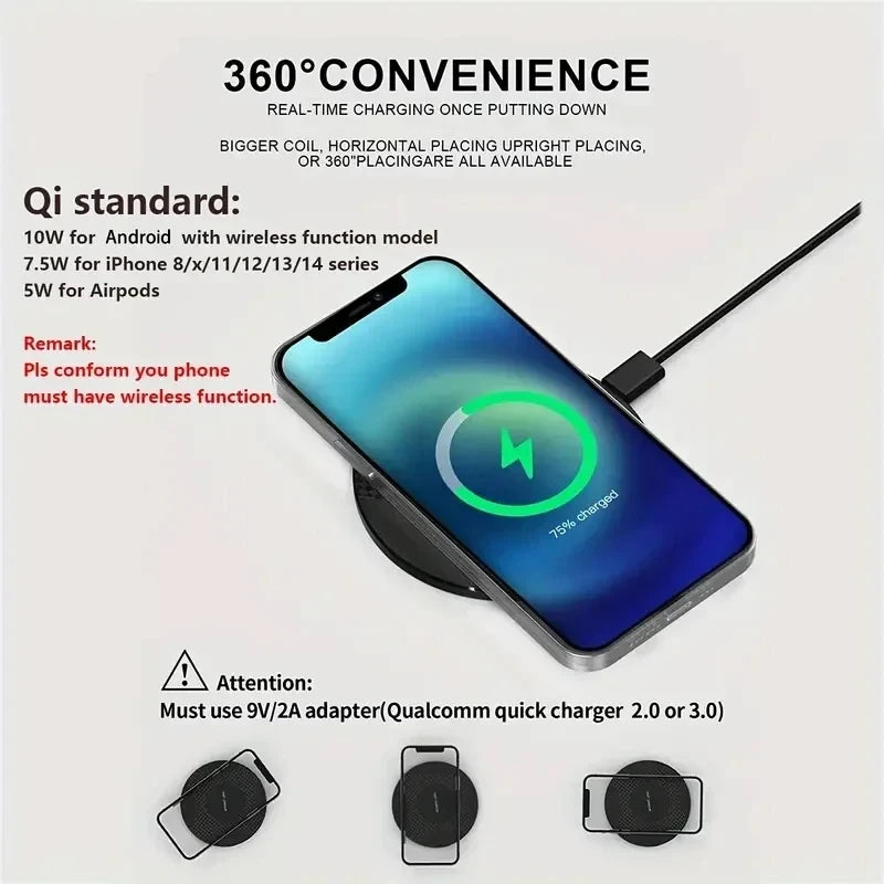 10W Wireless Charger Pad Stand Desktop Ultra-fino Celular Estação de Carregamento Rápido para iPhone 14 13 12 11 Samsung Xiaomi