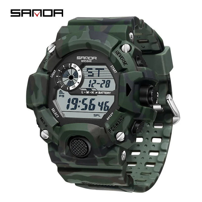 SANDA 2183 Electronic Watch Fashion Military Camo Waterproof Outdoors Sports Digital Display Silicone Strap Wristwatchs for Men