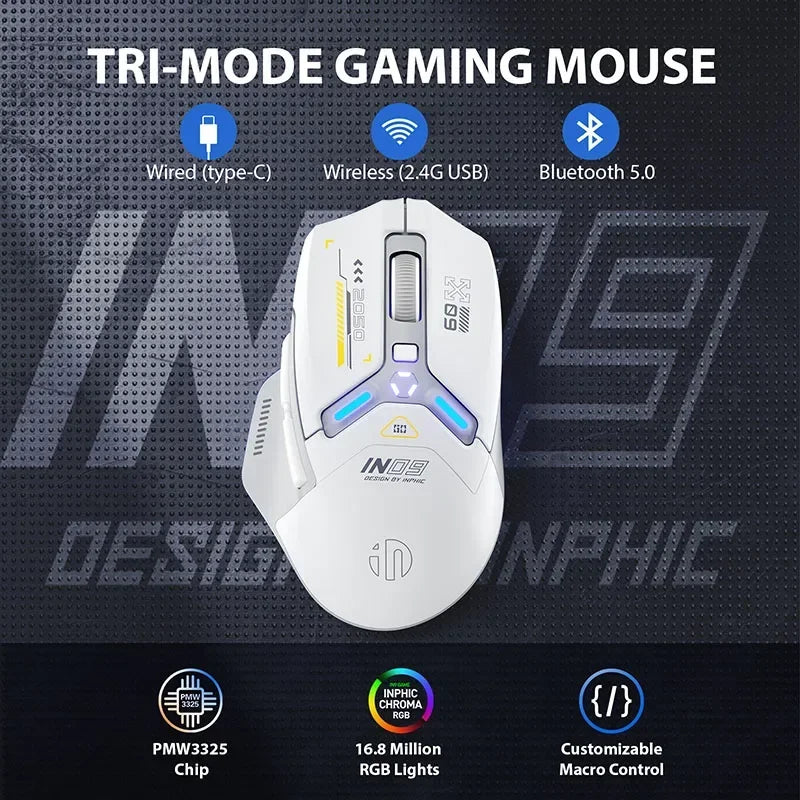 INPHIC IN9 Mouse sem fio Bluetooth para jogos, três modos, ergonômico, macro RGB, PUBG/LOL/CSGO, desktop, notebook, universal, 10000DPI