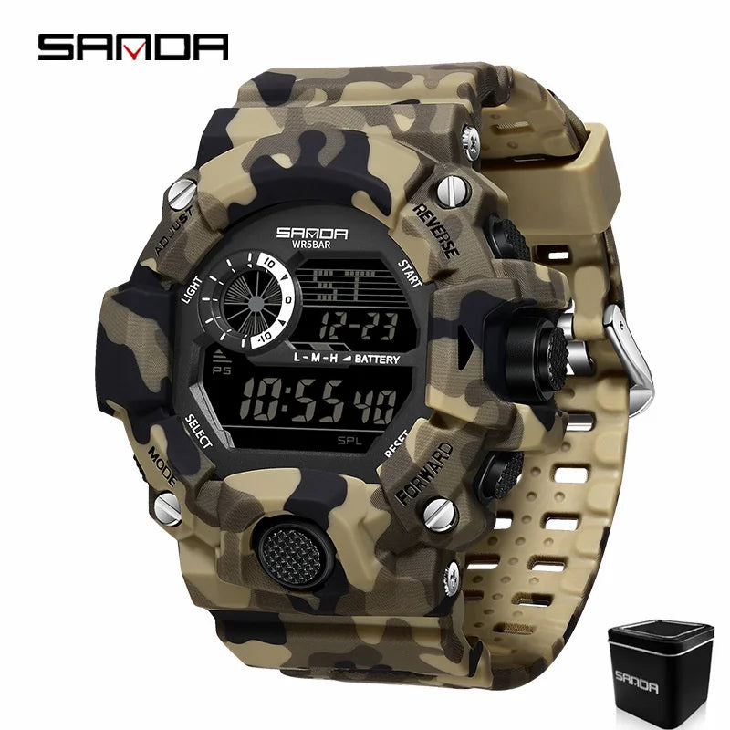 SANDA 2183 Electronic Watch Fashion Military Camo Waterproof Outdoors Sports Digital Display Silicone Strap Wristwatchs for Men