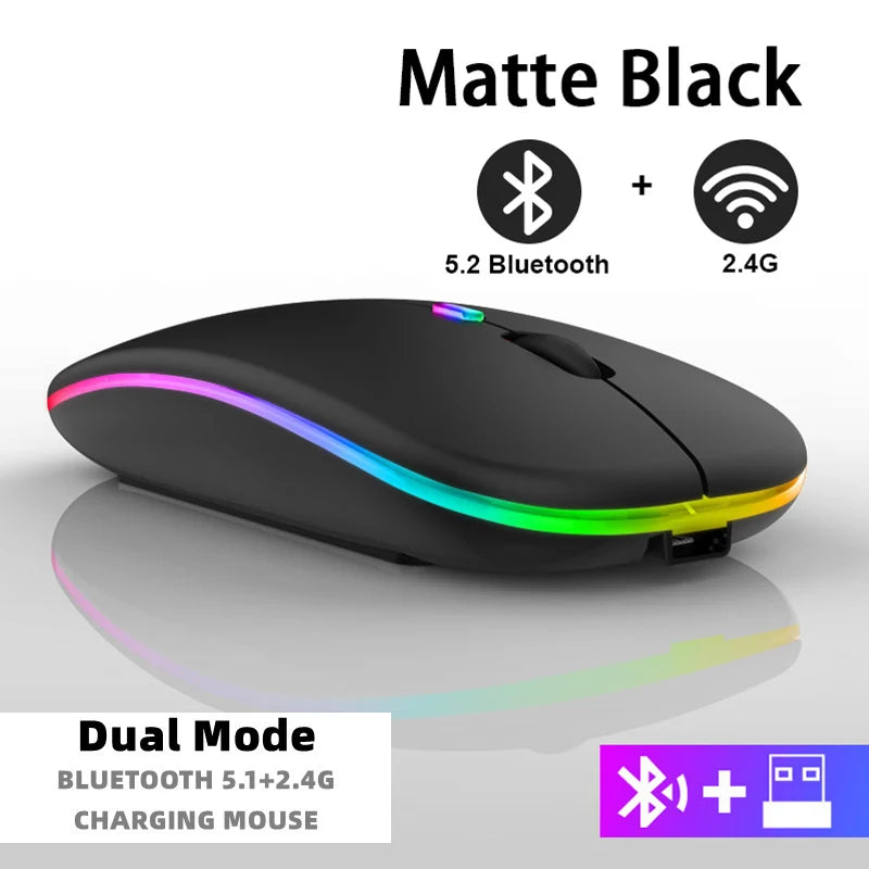 Rechargeable Bluetooth Wireless Mouse with 2.4GHz USB RGB 1600DPI Mouse for Computer Laptop Tablet PC Macbook Gaming Mouse Gamer