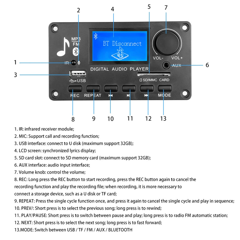 Handsfree Bluetooth 5.0 MP3 Decoder Board DC 12V DIY MP3 Player Audio USB TF FM AUX For Music Subwoofer Speakers Volume Control