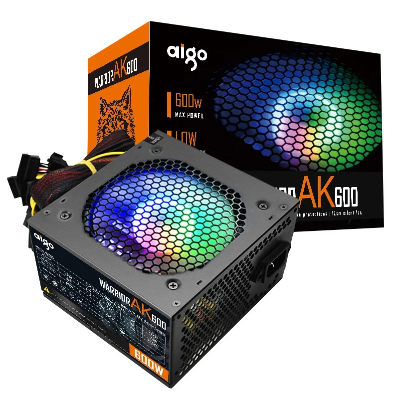 Fonte de alimentação Aigo AK PC PSU 500W 600W 700W 800W 1000W Gaming 120mm RGB Fan 220V ATX Desktop Computer Power Supply para BTC