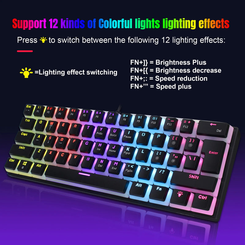 Teclado gamer com fio 60%, mini teclado ultracompacto com retroiluminação RGB, teclado compacto pequeno e à prova d'água de 61 teclas para jogadores de PC/Mac