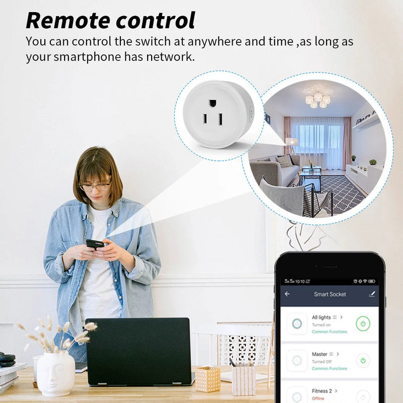 Tomada inteligente wi-fi 10a, plugue americano, aplicativo de telefone, controle remoto de voz, 100-240v, temporizador sem fio, tomada para alexa, google home auto