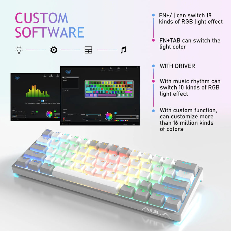 AULA F3261 RGB efeito USB Mini teclado mecânico para jogos Interruptor vermelho 61 teclas com fio Cabo destacável separado para Mac Windows