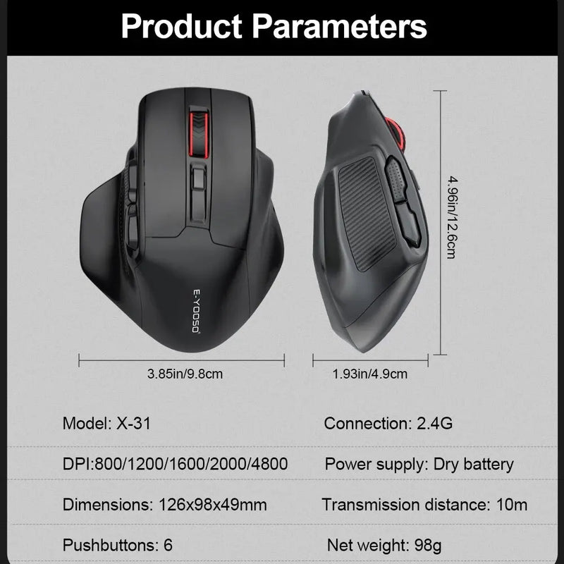 E-YOOSO X-31 USB 2.4G Wireless Gaming Mouse Grande para Mãos Grandes PAW3212 4800 DPI 5 Botões para Mouses Gamer Computador Laptop PC